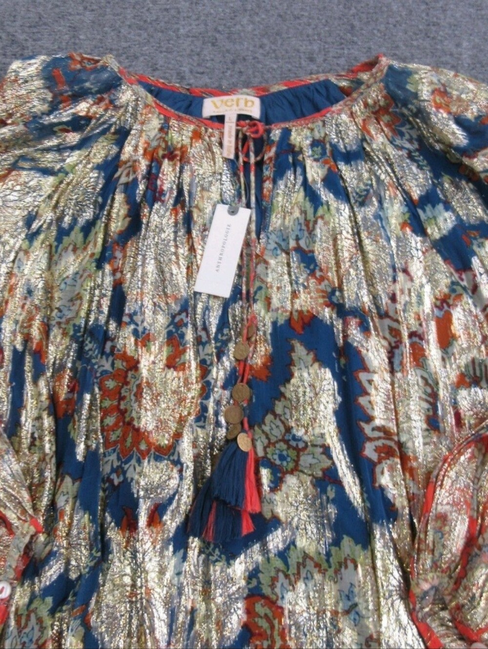 Verb By Anthropologie Metallic Blue Floral Oversized Blouse L Xl